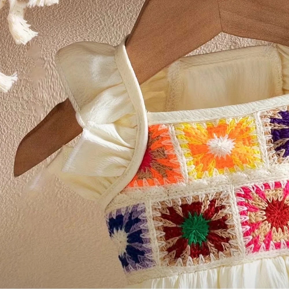 Pet Dog or Cat Sun Floral Summer Dress with Multicolor Crochet Band